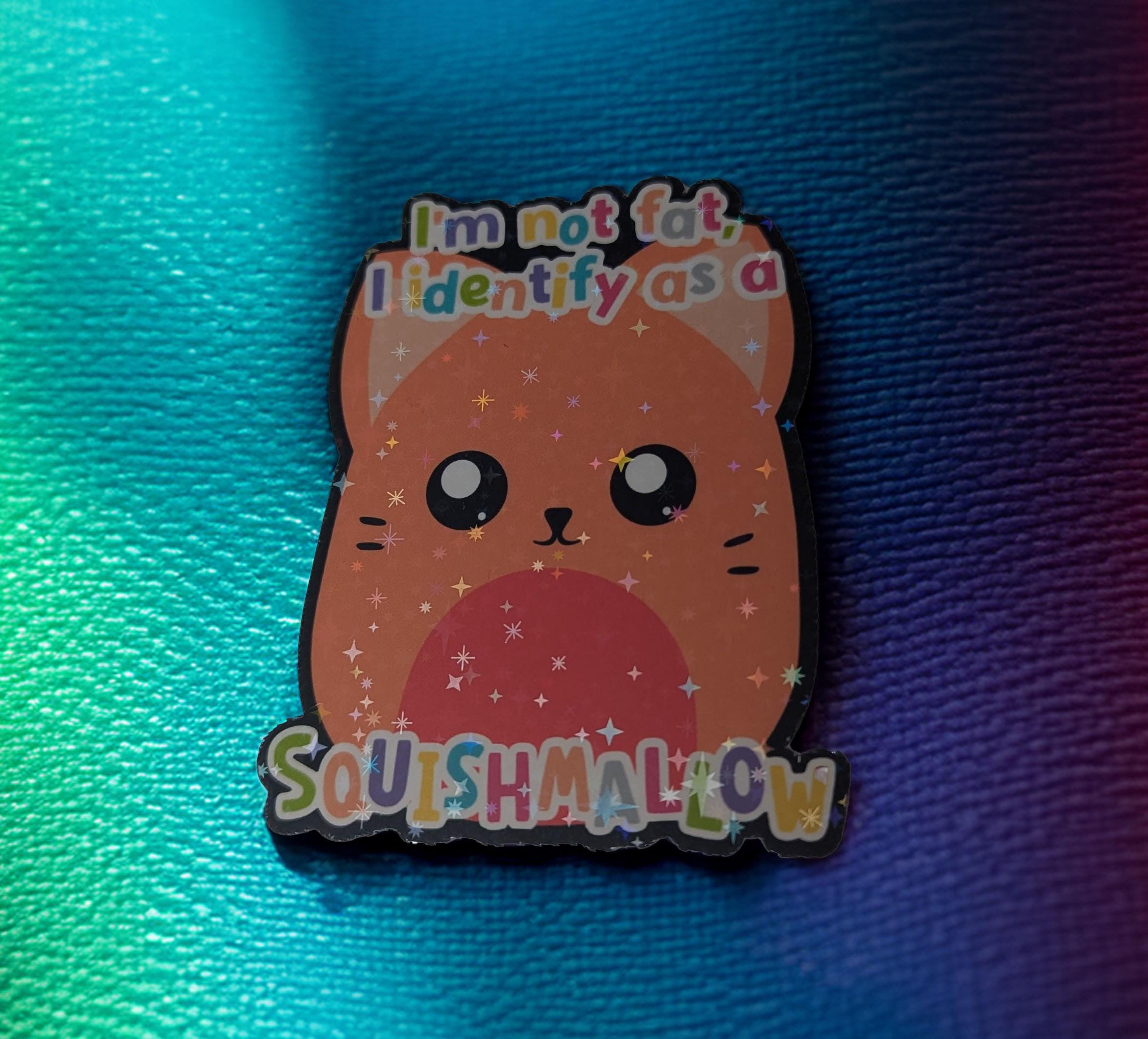 Squishmallow character with text on a colorful background