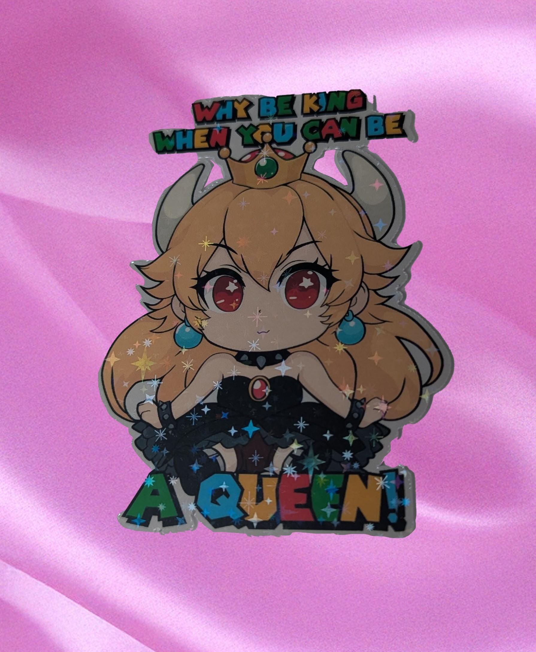 Cartoon character with a crown and text on a pink background