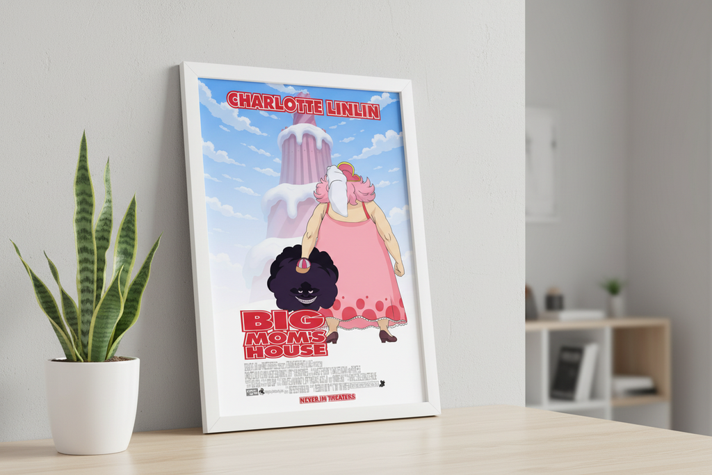 Movie poster for 'Big Mom's House' featuring a character in a pink dress and a black creature with a red tongue.