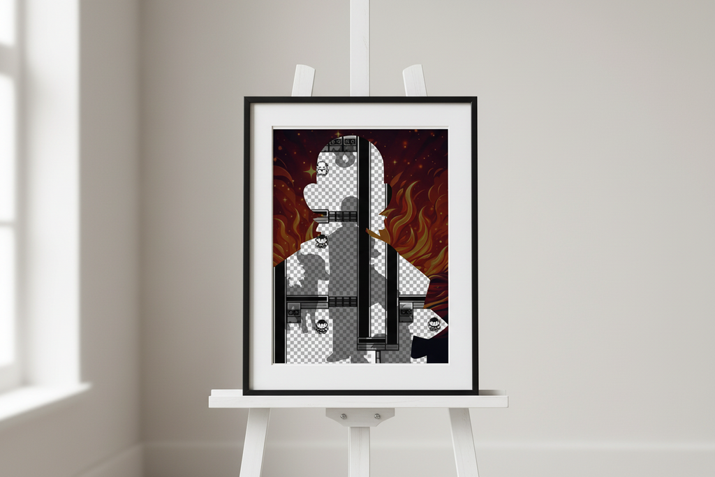 Transparent figure with a dark background and fiery elements