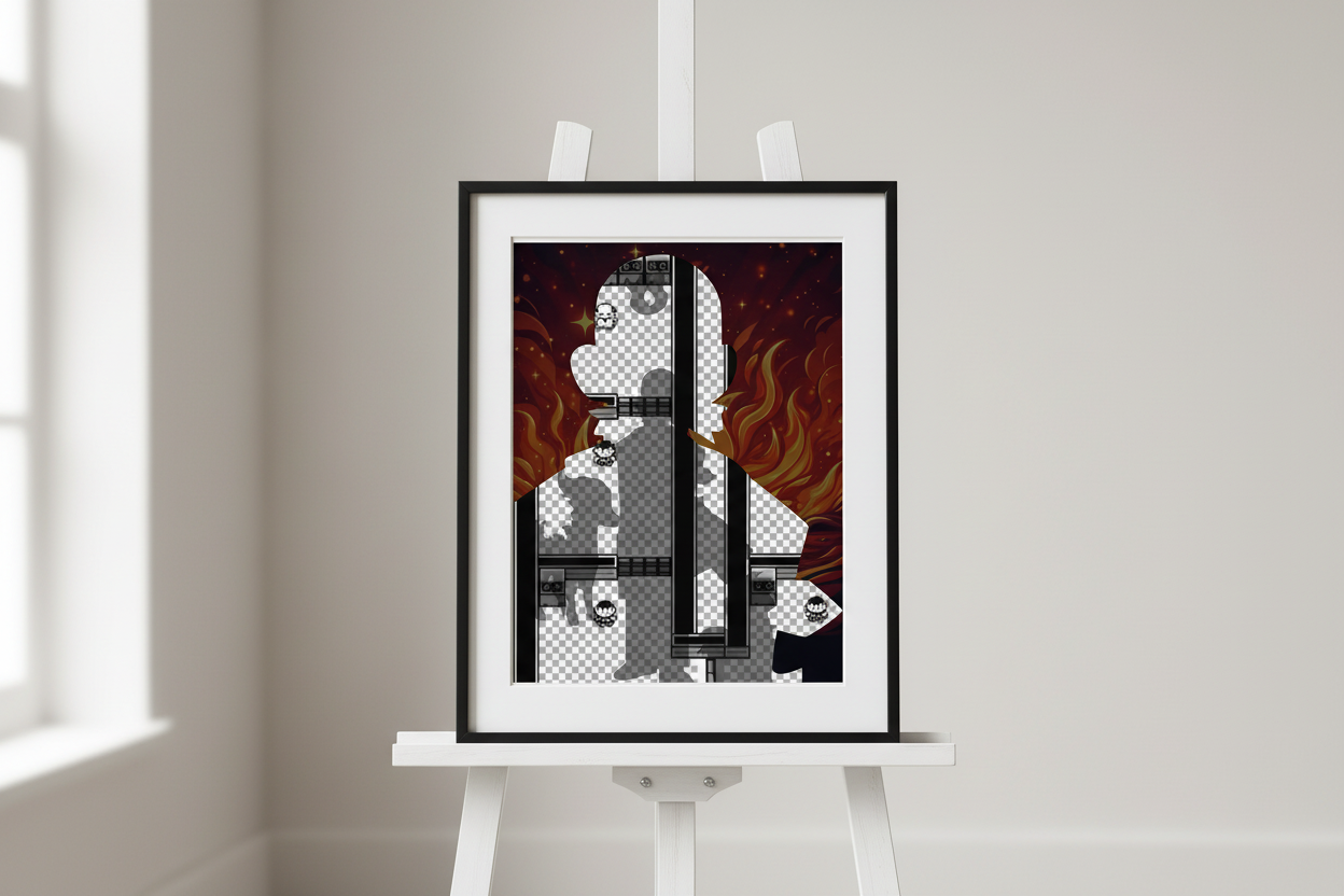 Transparent figure with a dark background and fiery elements