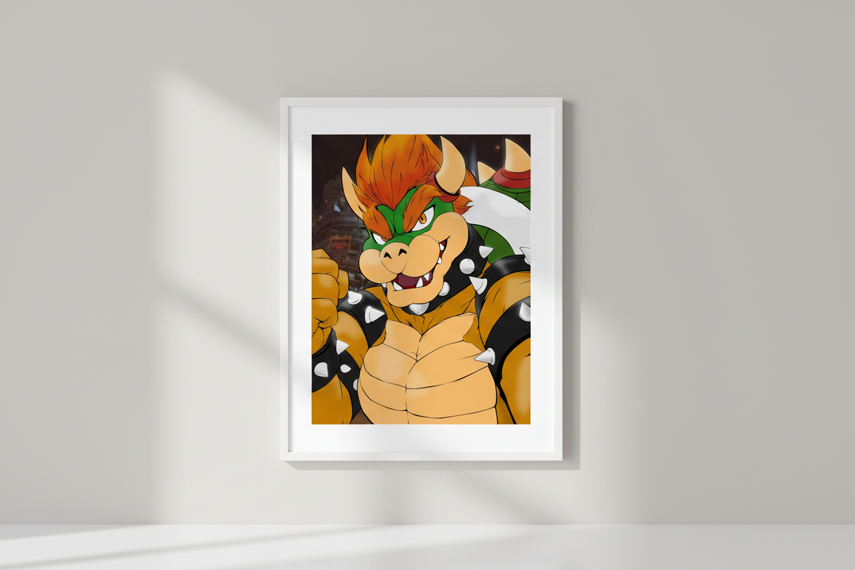 Cartoon character with orange hair and green eyes, wearing a black outfit with white spikes, in front of a dark background.