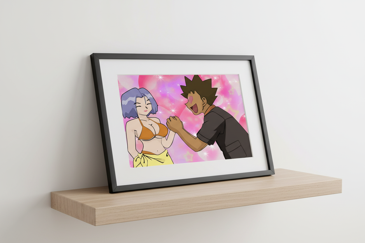 Two animated characters in a romantic pose with a pink, heart-themed background