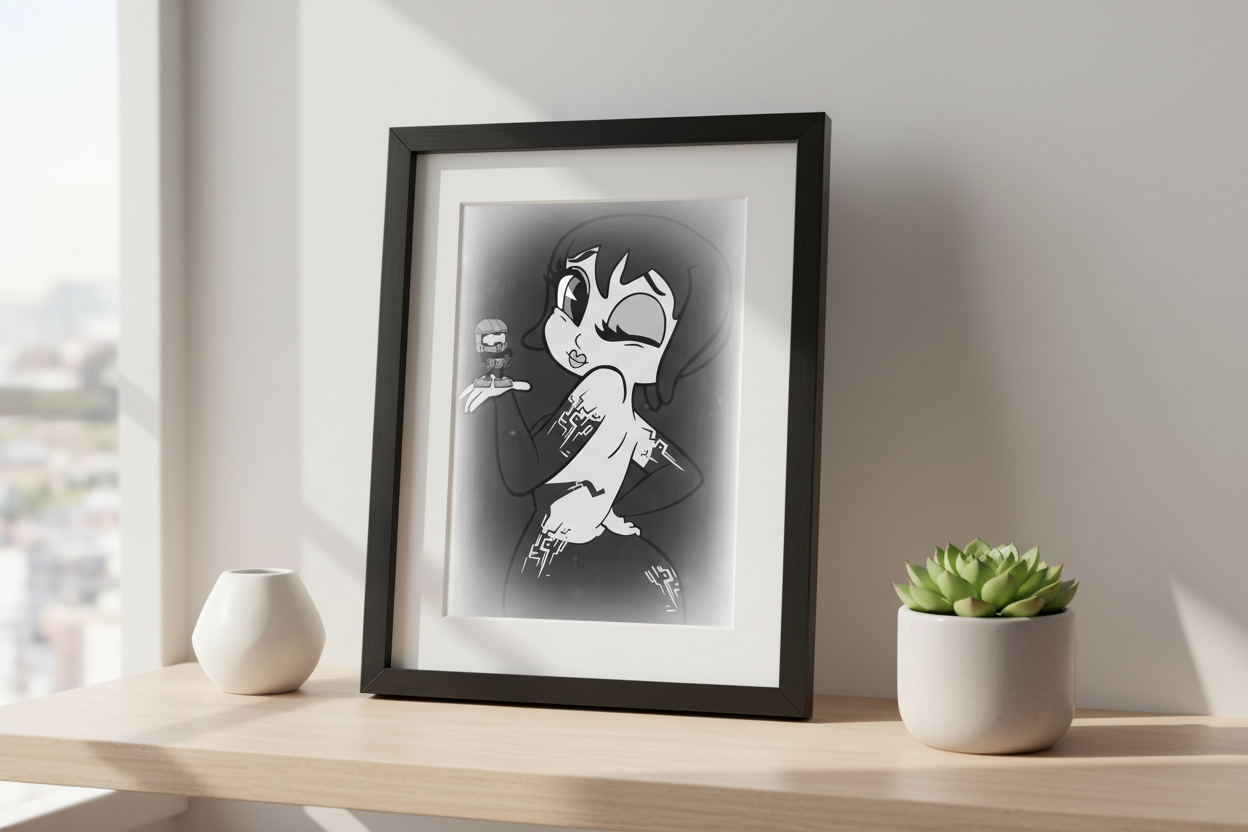 Black and white illustration of a stylized character holding a small figure.