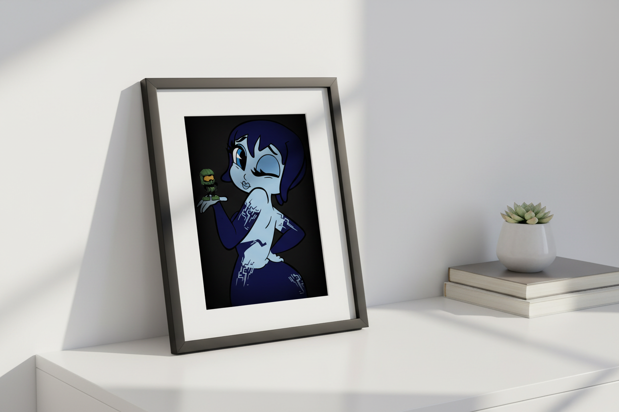 Cartoon character with blue hair and skin holding a small green object against a dark background