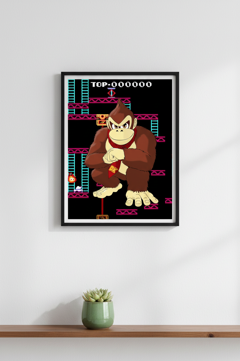 Animated character with a red scarf sitting on a platform with a retro game background.