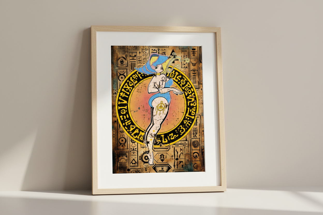 Artistic depiction of a dancer with tattoos on an Egyptian hieroglyphs background