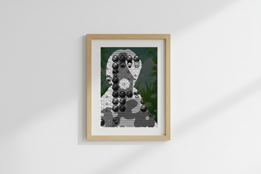 Gray pixelated figure with a floral pattern on a dark green background with flowers.
