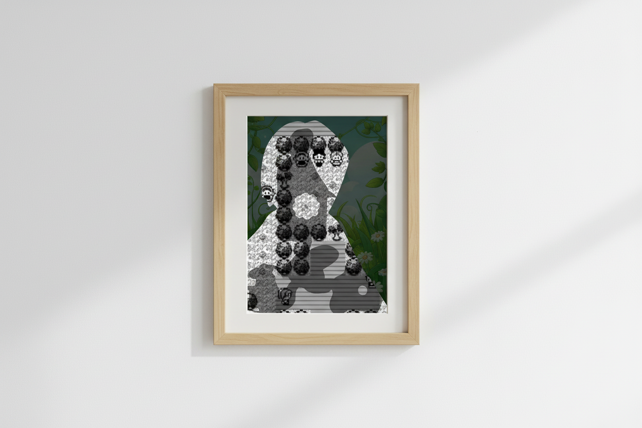 Gray pixelated figure with a floral pattern on a dark green background with flowers.