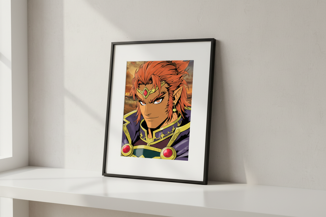 Animated character with red hair and armor in a desert setting