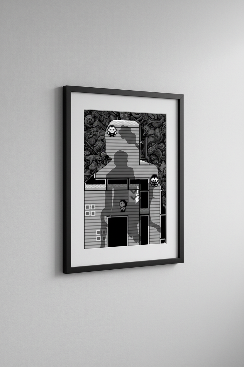 Pixel art style image of a character in front of a building with various symbols and objects around.