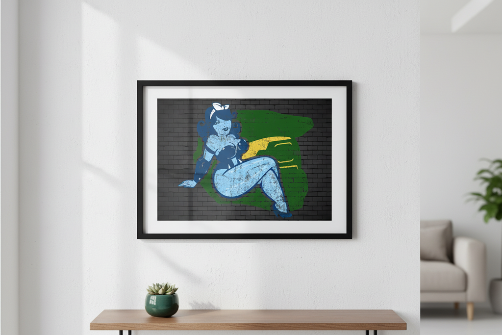 Cartoon character with blue hair and outfit on a green shield against a brick wall background