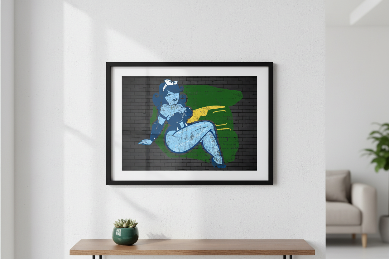 Cartoon character with blue hair and outfit on a green shield against a brick wall background