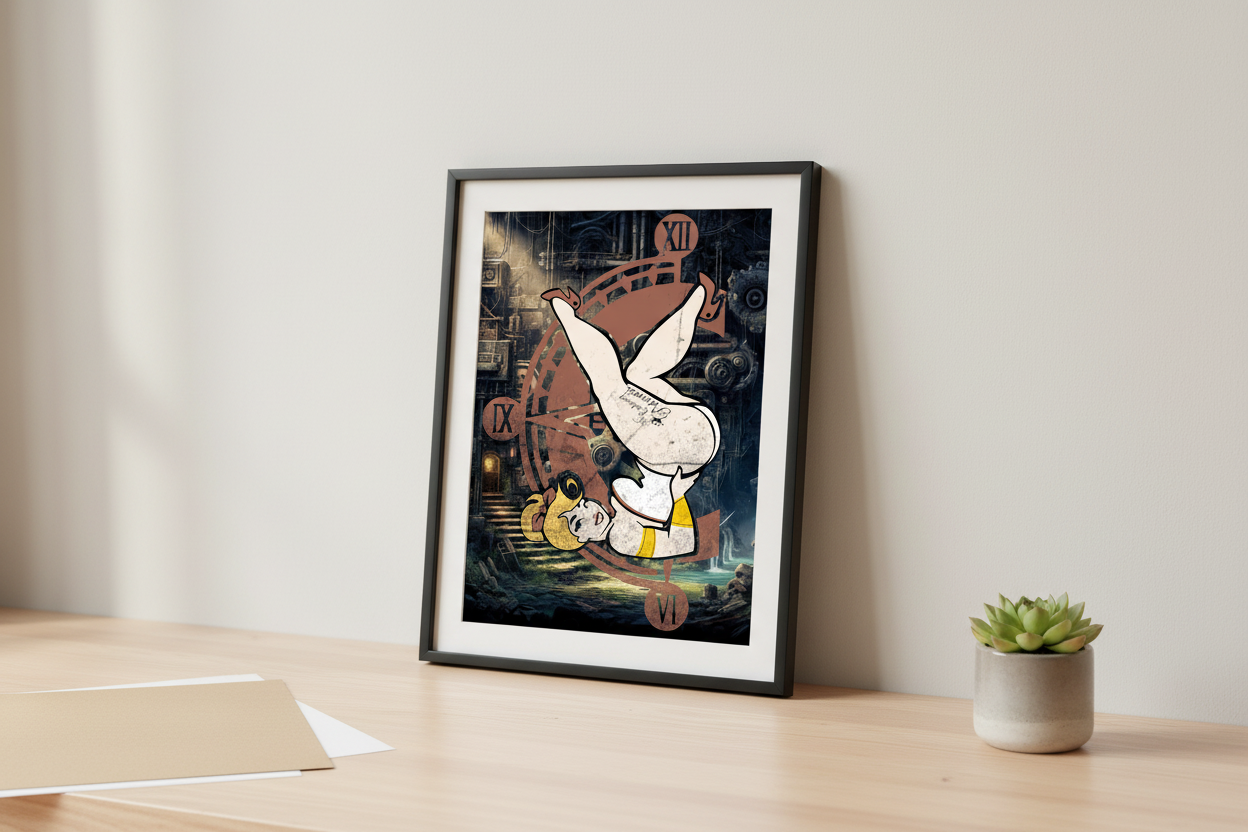 Artistic depiction of a woman in a diving pose with a clock and mechanical elements in the background