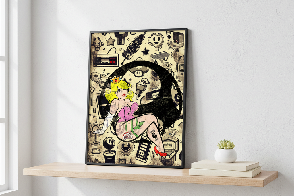 Illustration of a stylized character with retro elements and symbols on a beige background