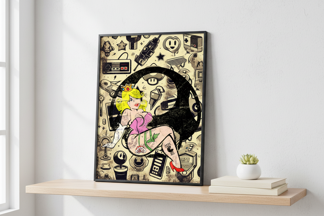 Illustration of a stylized character with retro elements and symbols on a beige background