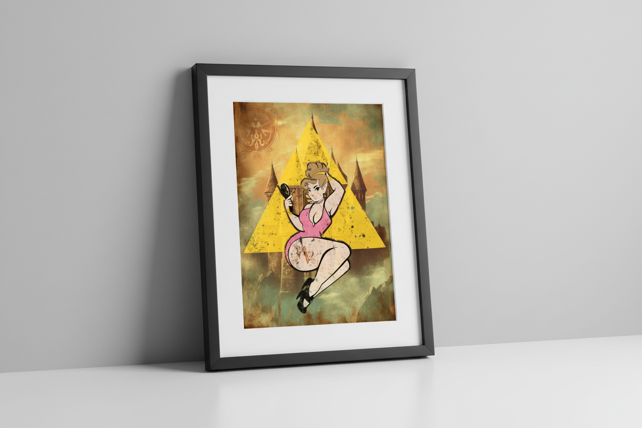 Cartoon character in a pink dress sitting inside a yellow triangle with castle-like structures in the background.