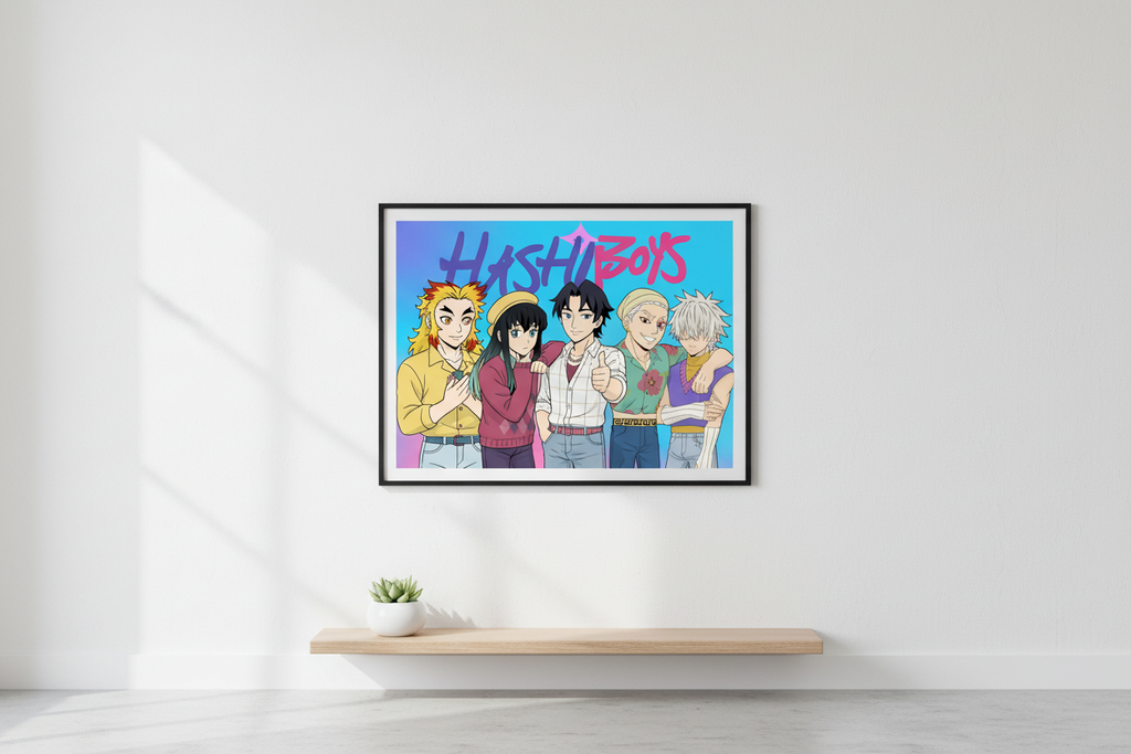 Five animated characters with colorful hairstyles and outfits, standing together against a blue background with 'Hashi Boys' text.
