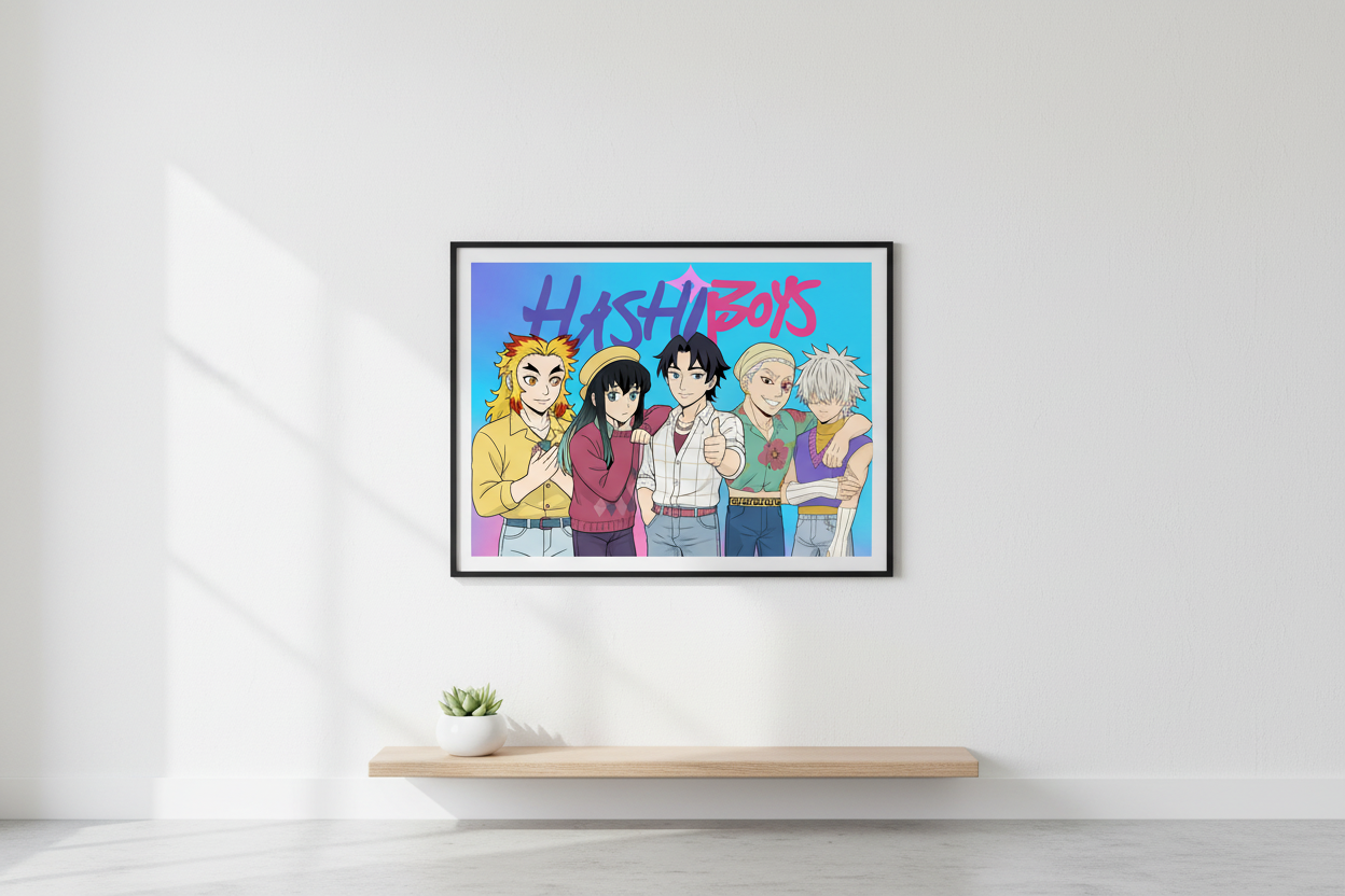 Five animated characters with colorful hairstyles and outfits, standing together against a blue background with 'Hashi Boys' text.