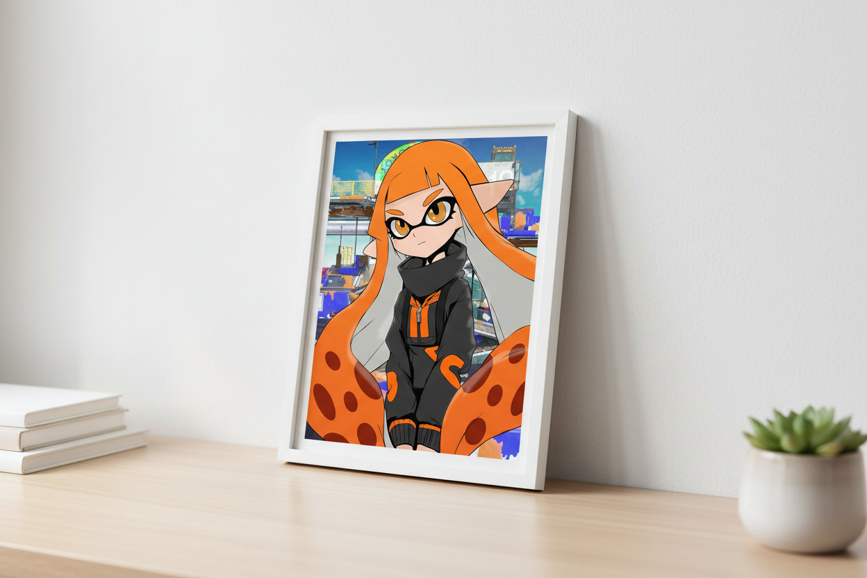 Cartoon character with orange hair and outfit in a cityscape background