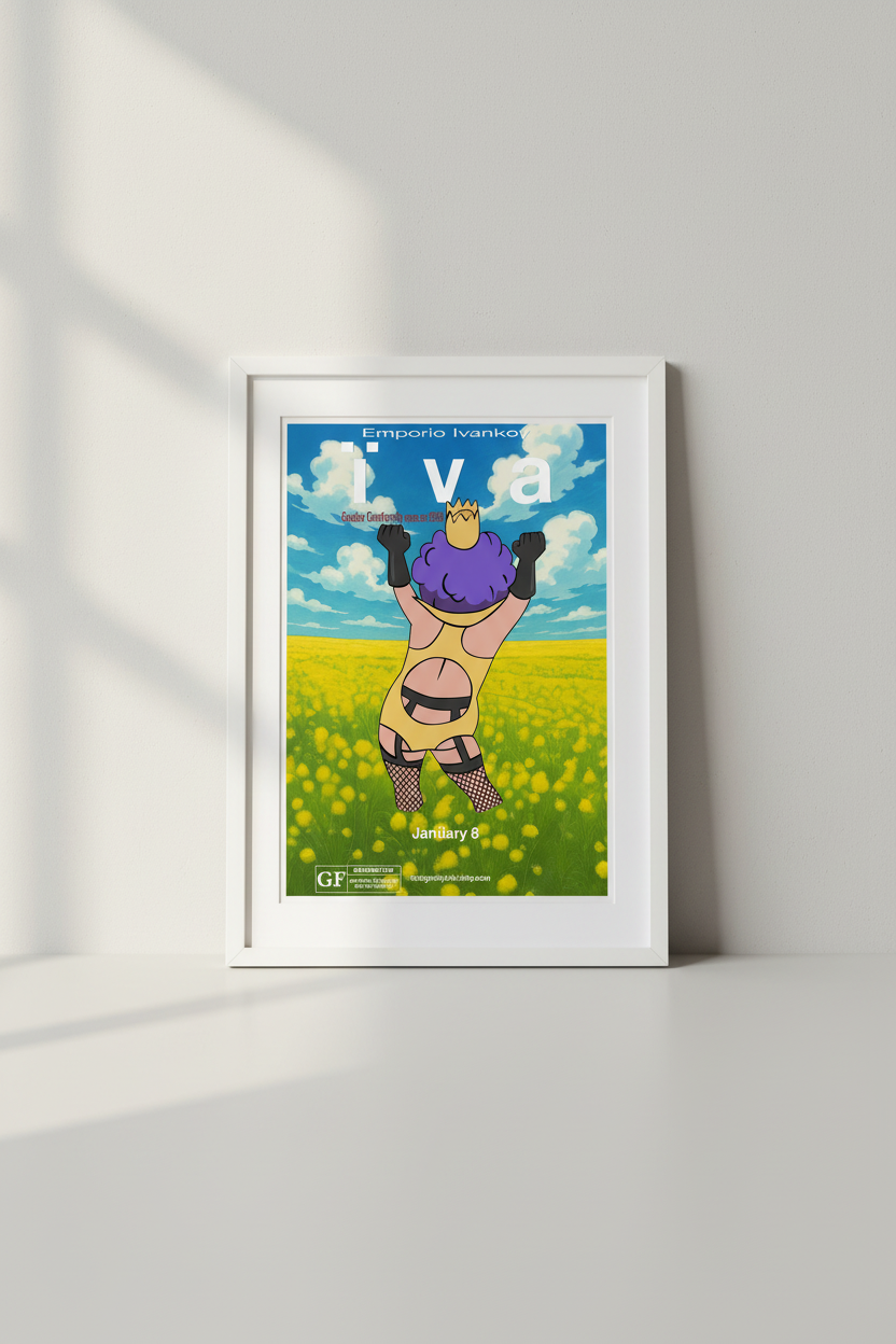 Cartoon character in a field with a blue sky, promoting Emporio Ivanka's 'Gender Comfort' campaign.
