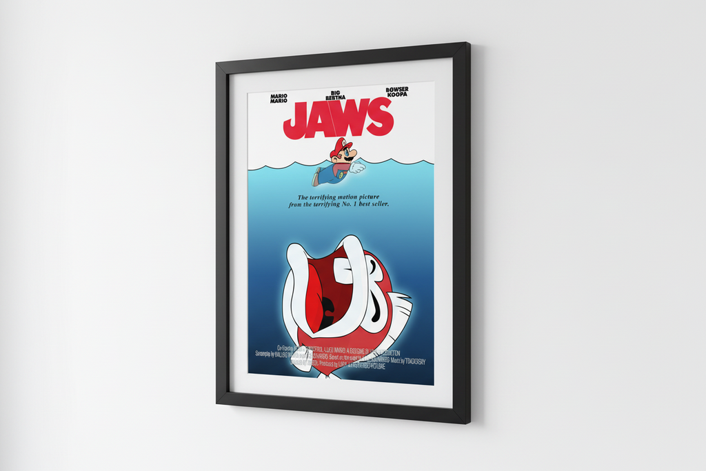Cartoon character in a fish costume with text parodying 'Jaws' movie poster.