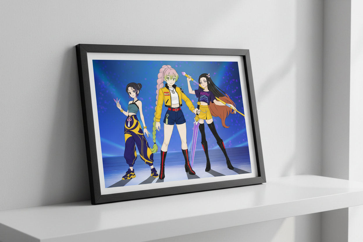 Three animated characters with colorful hairstyles and outfits against a blue background