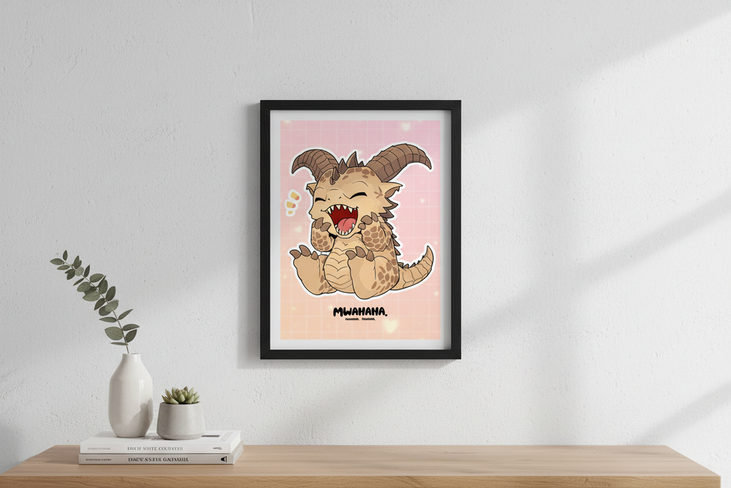 Cartoon creature with horns and a mischievous expression on a pink background
