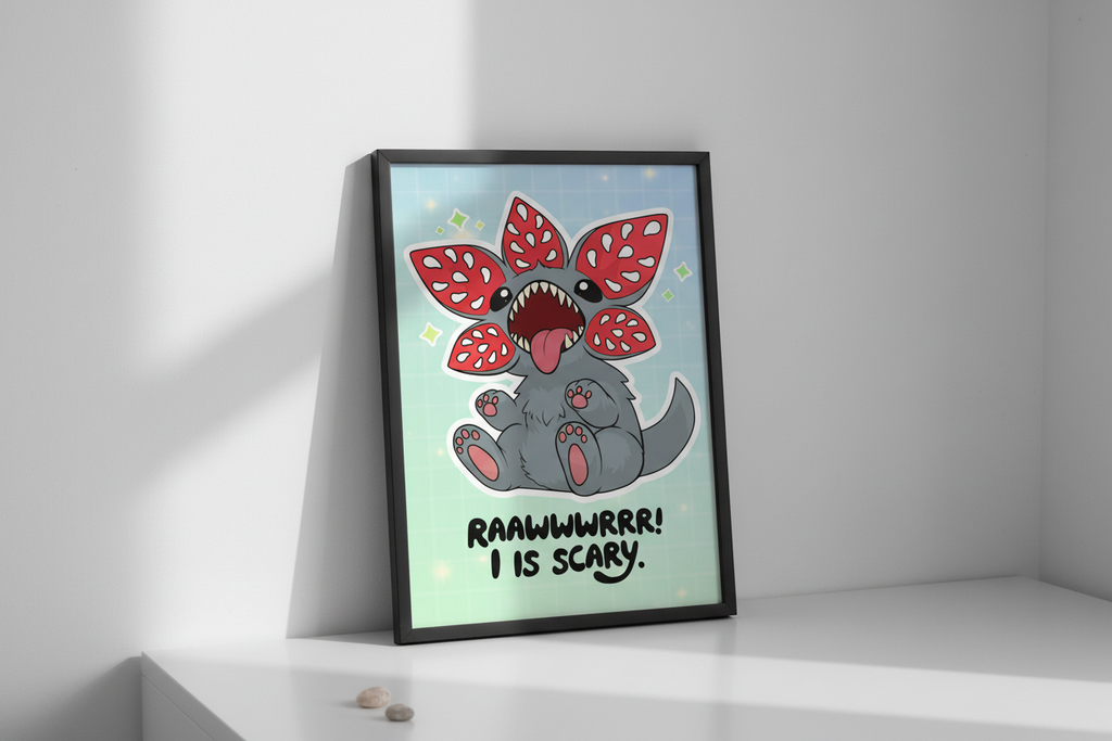 Cartoon character with red leaf-like ears on a light blue background