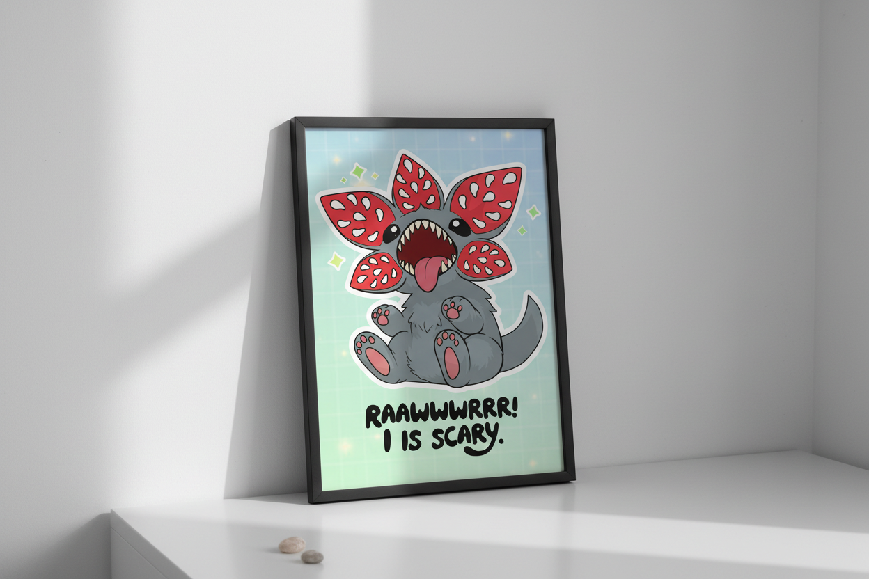 Cartoon character with red leaf-like ears on a light blue background