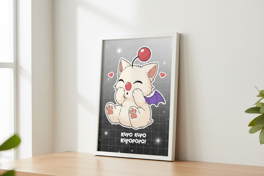 Cartoon cat-like creature with a cherry on top against a starry background