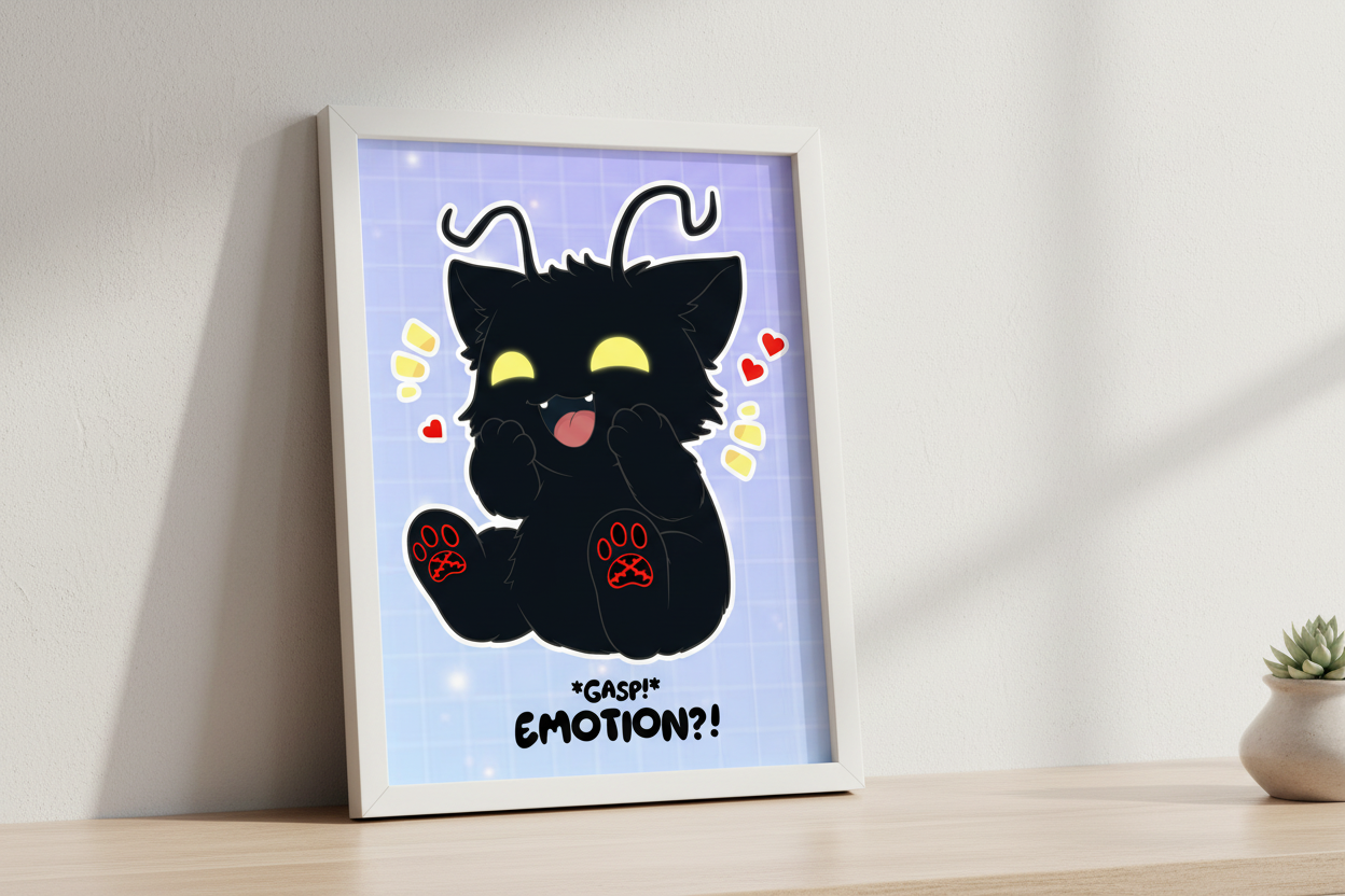 Cartoon black cat with yellow eyes and red paws on a blue grid background