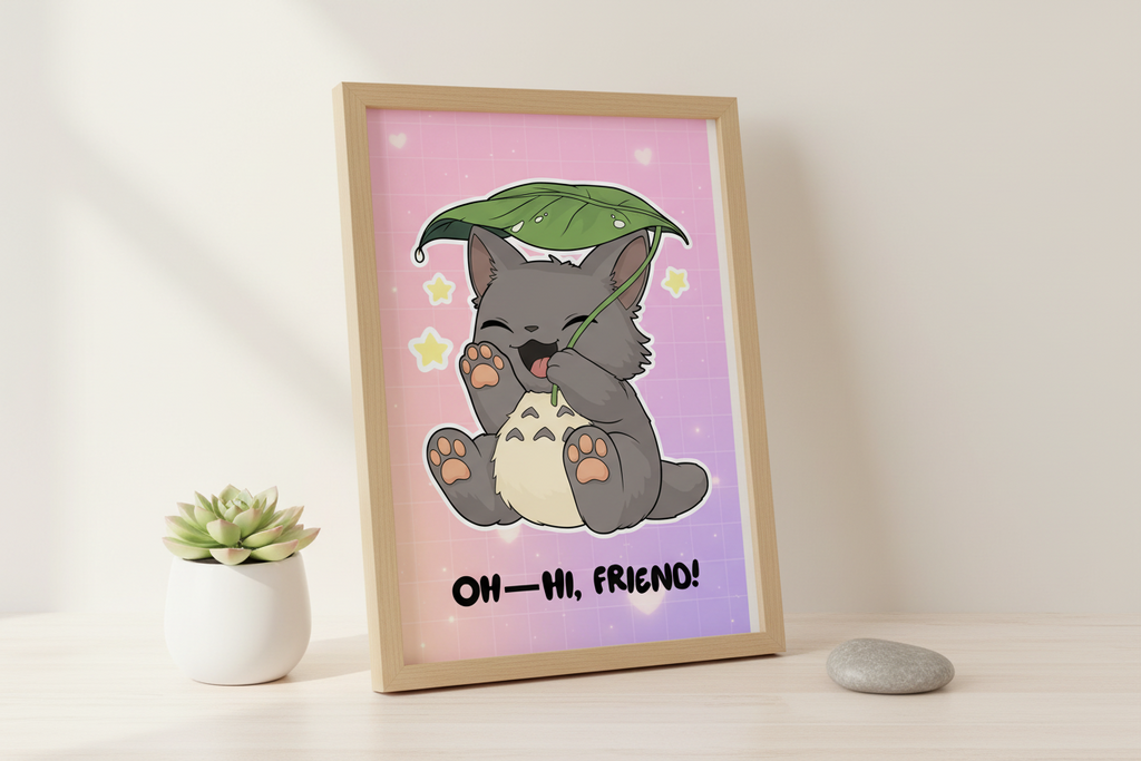 Cartoon cat holding a leaf with a smiling expression on a pink and purple gradient background.