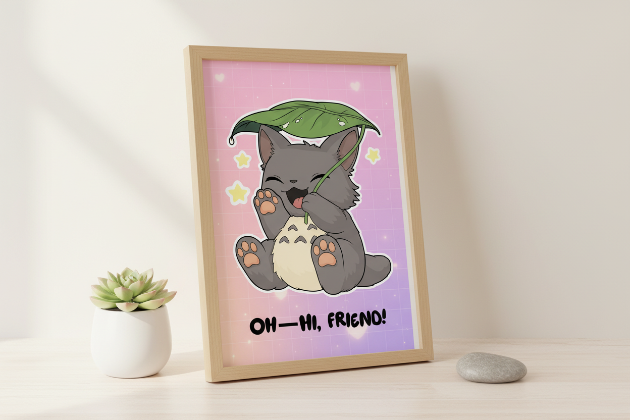 Cartoon cat holding a leaf with a smiling expression on a pink and purple gradient background.