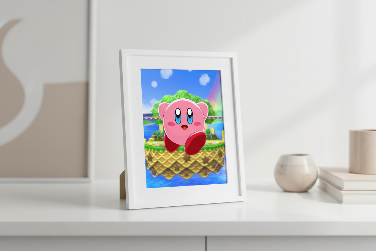 Pink cartoon character with red shoes on a colorful platform with a blue sky background