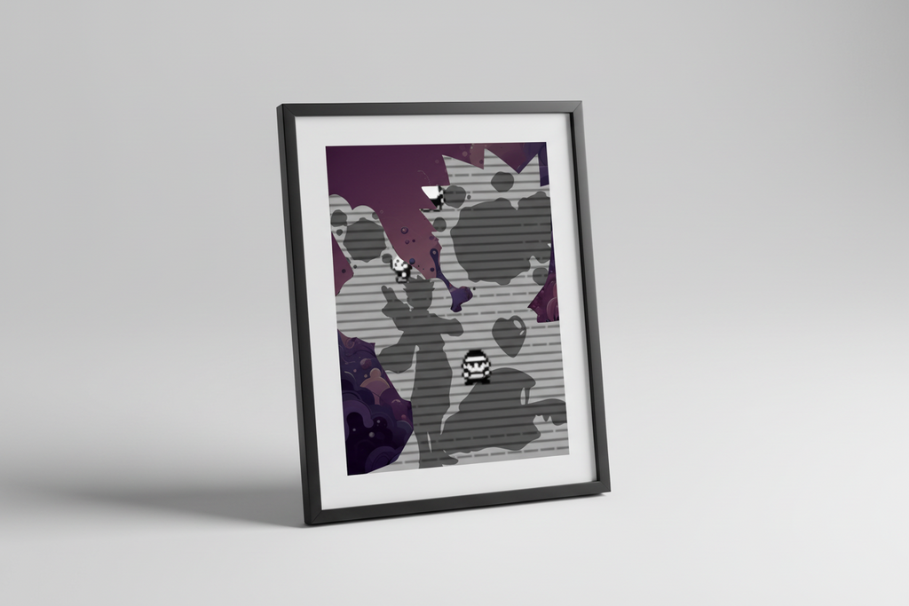 Abstract art with geometric shapes and patterns in purple, gray, and black.