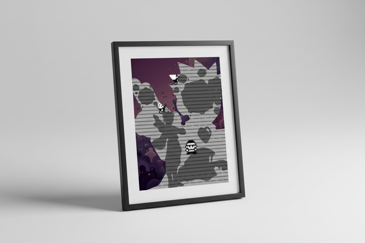 Abstract art with geometric shapes and patterns in purple, gray, and black.
