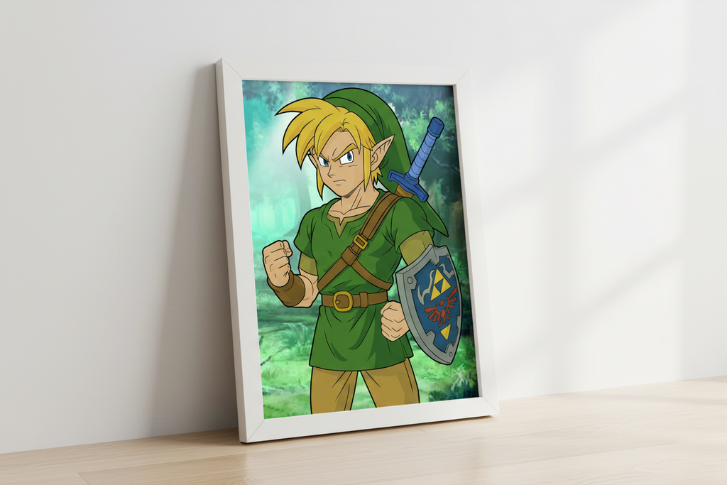 Animated character in green outfit with sword and shield in a forest setting