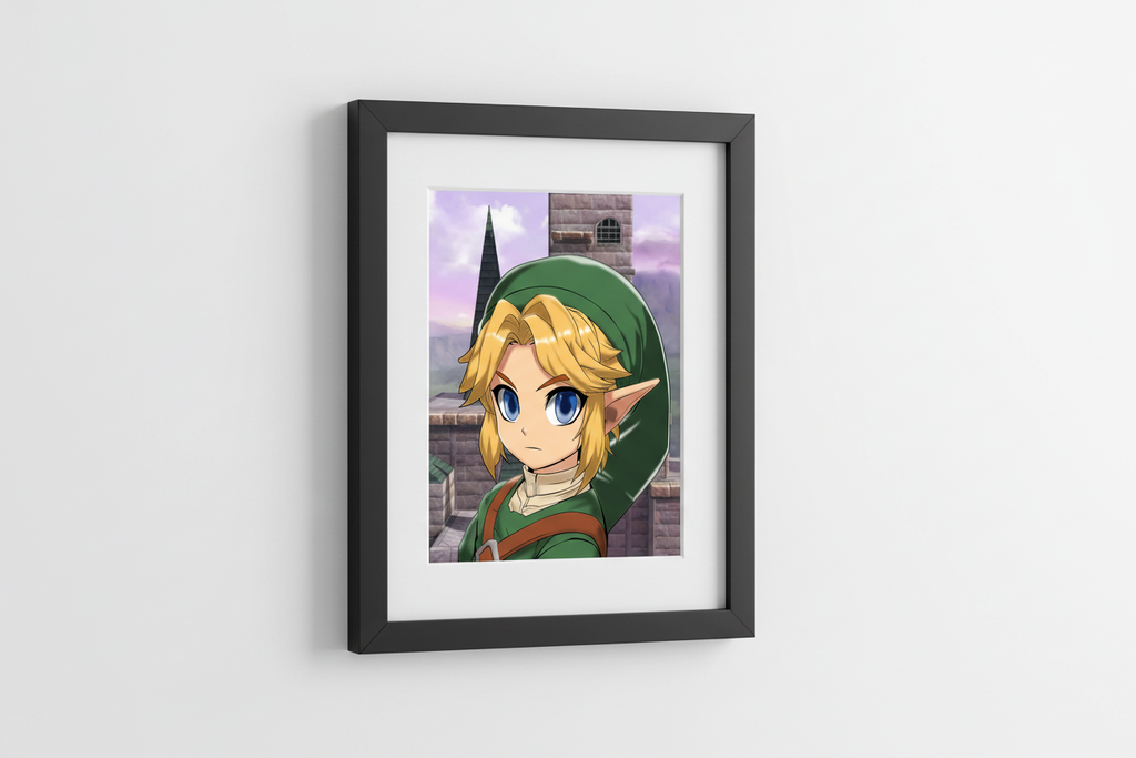 Animated character with green headband and blue eyes in front of a castle-like structure