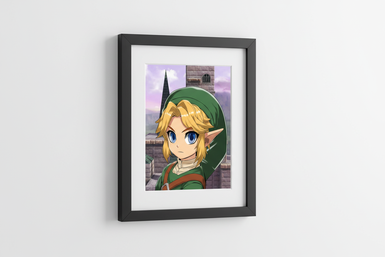 Animated character with green headband and blue eyes in front of a castle-like structure
