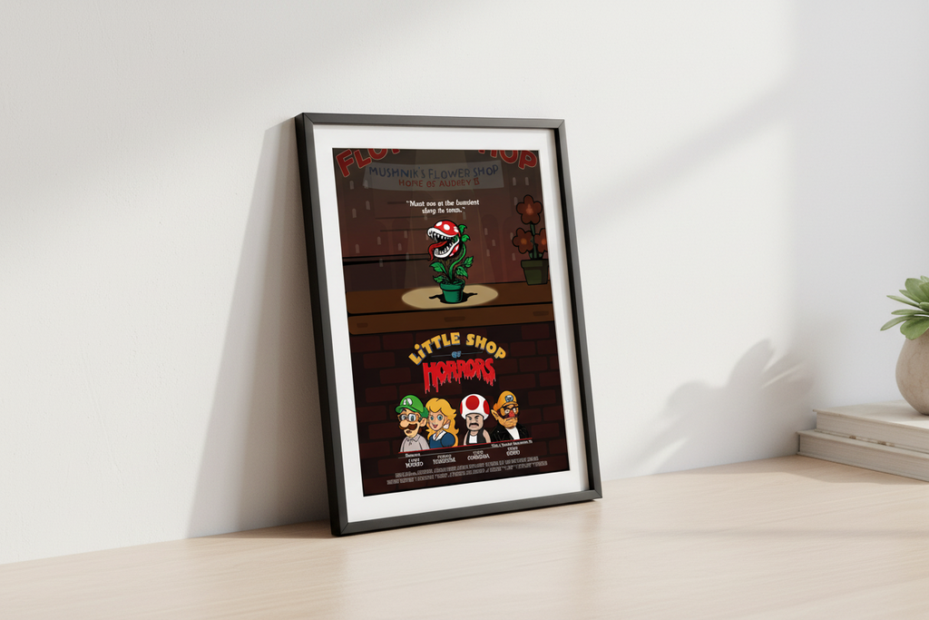 Cartoon-style Little Shop of Horrors poster with plant and characters