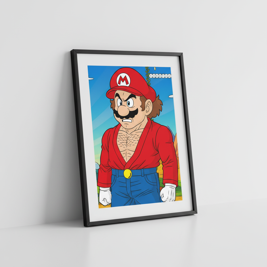 Cartoon character in a red outfit with a yellow 'M' emblem on a blue background