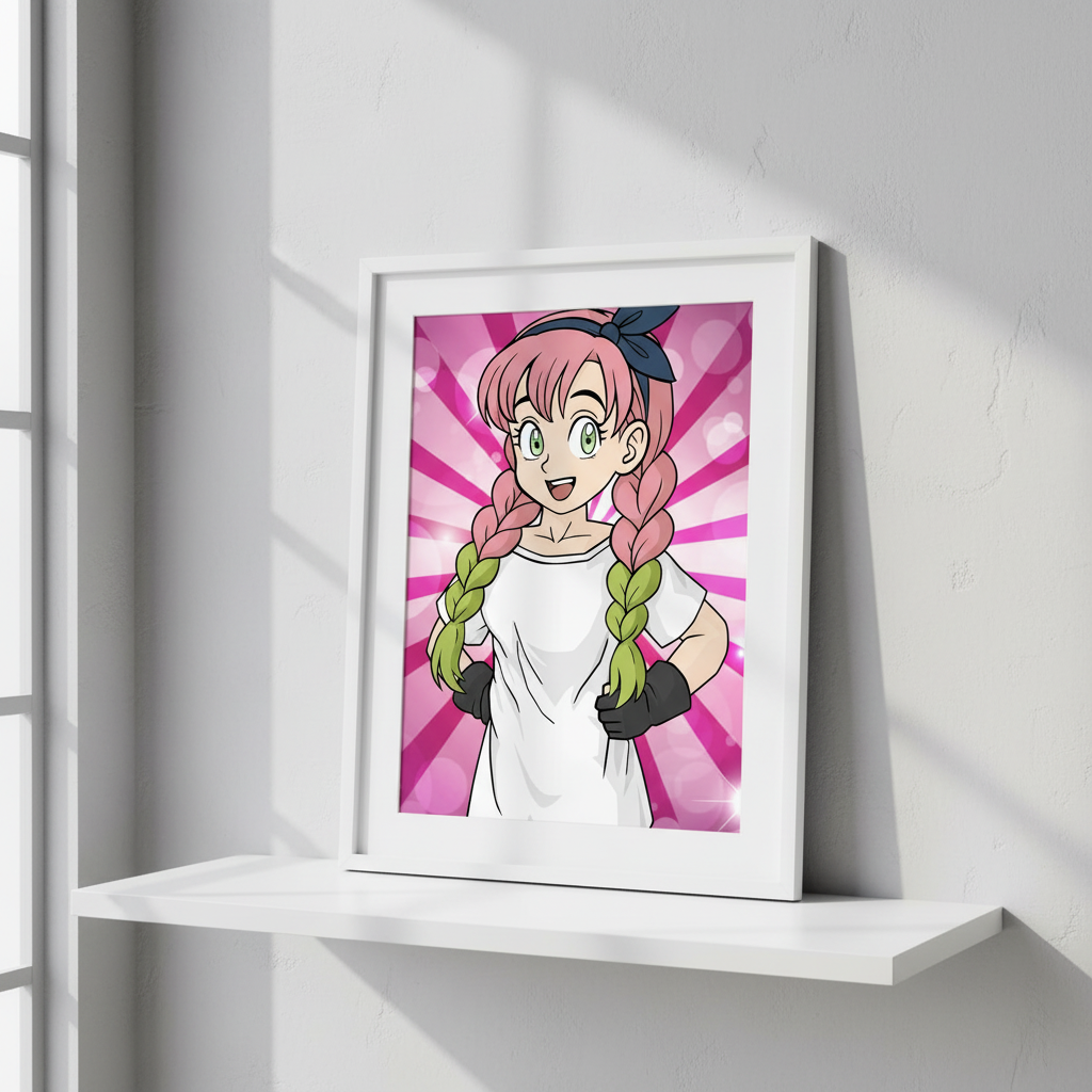 Cartoon character with pink hair and green braids against a pink background