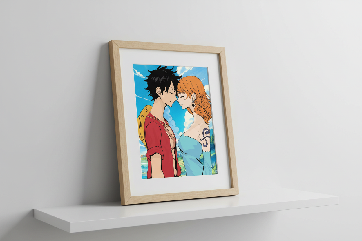Two animated characters, a boy and a girl, standing close together with a scenic background.