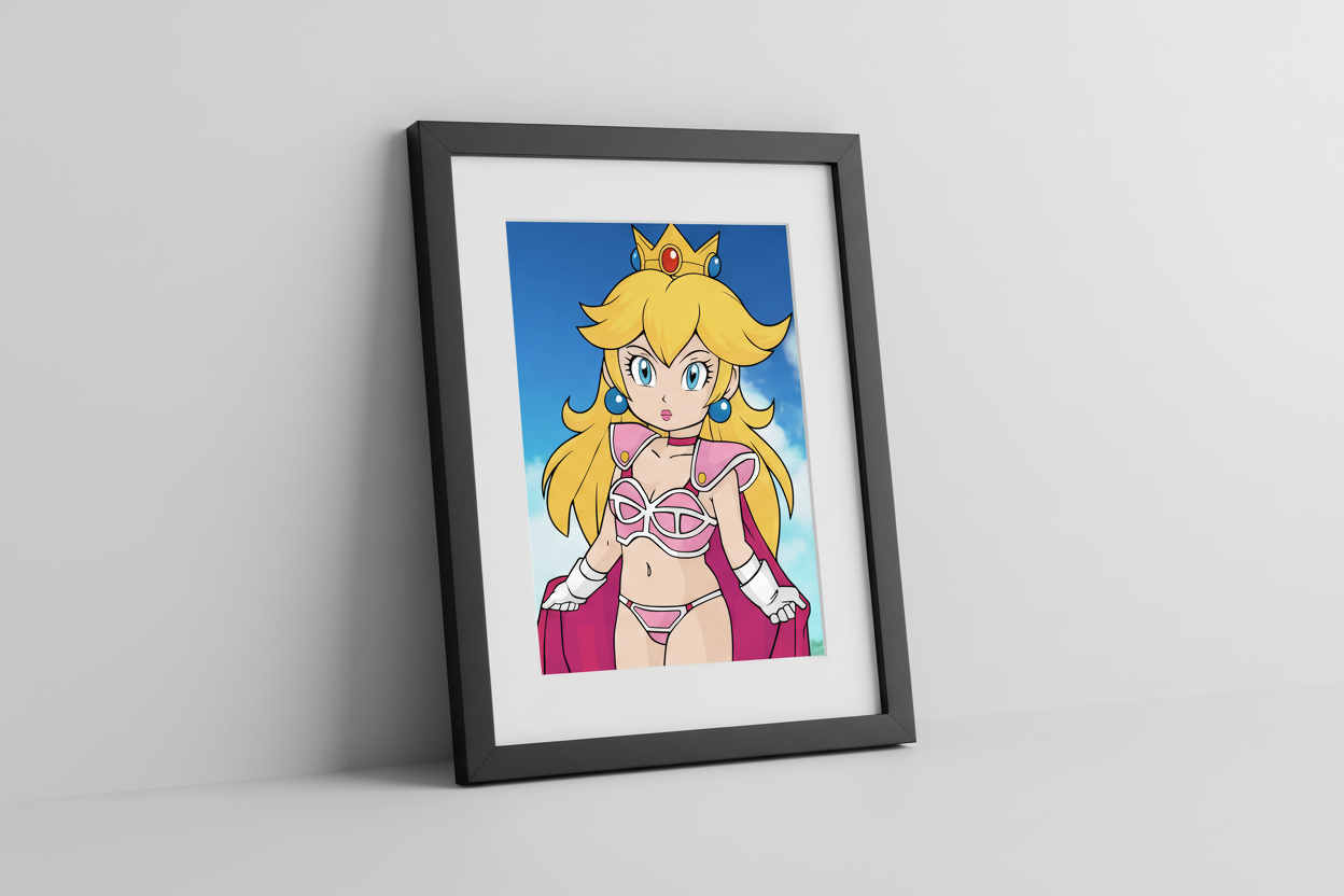 Animated character in a pink bikini and cape against a blue sky