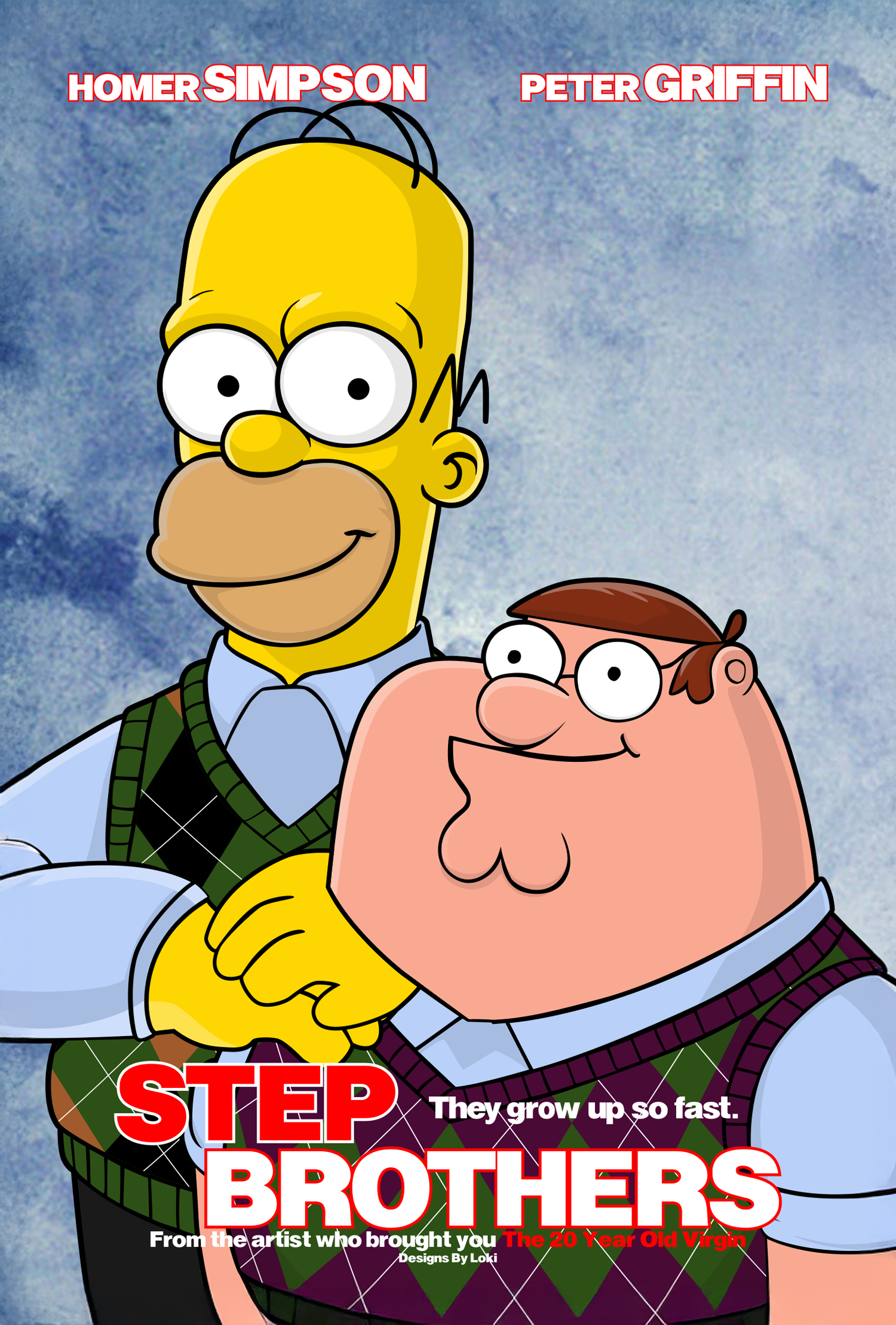 Cartoon characters Homer Simpson and Peter Griffin from 'Step Brothers' movie poster.