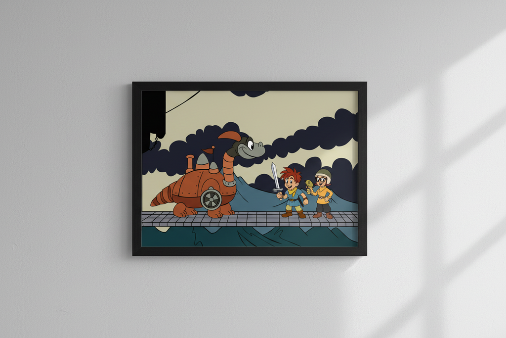 Cartoon scene with a large animated character and two smaller characters on a bridge.