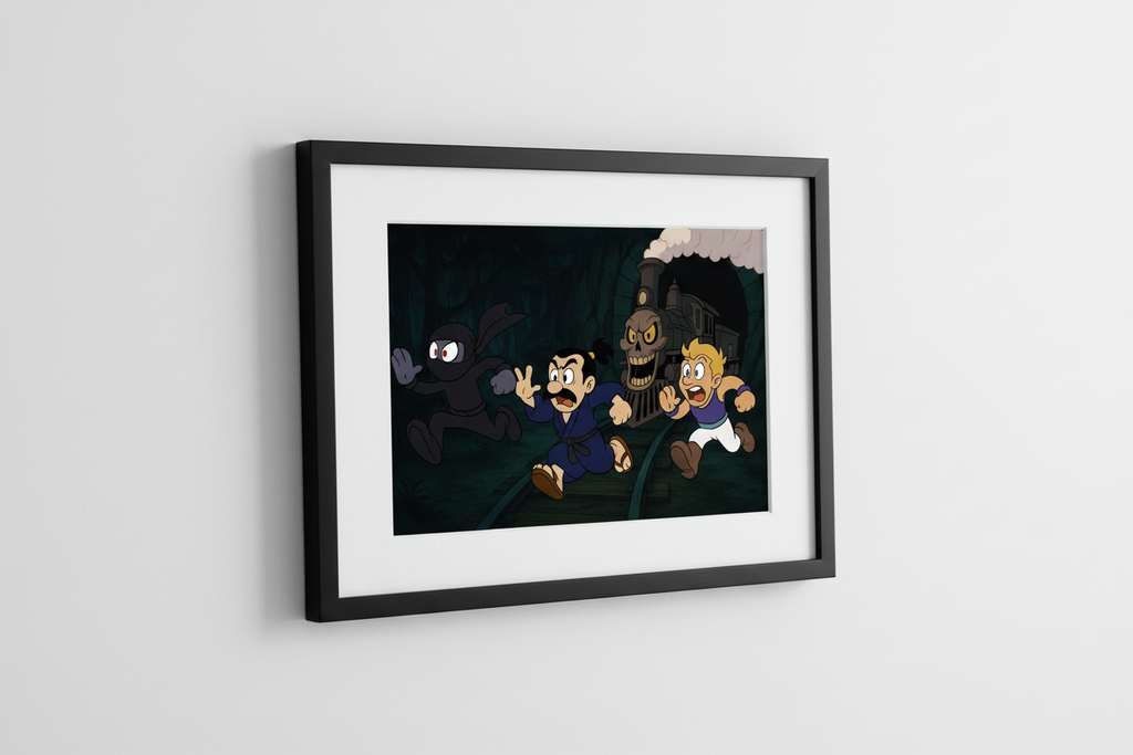 Animated characters in a dark, eerie setting with a skeleton and train.