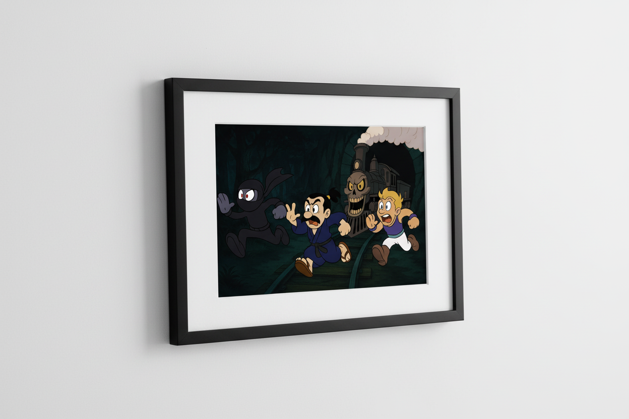 Animated characters in a dark, eerie setting with a skeleton and train.