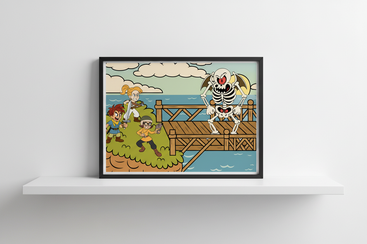 Cartoon characters on a dock with a skeleton character